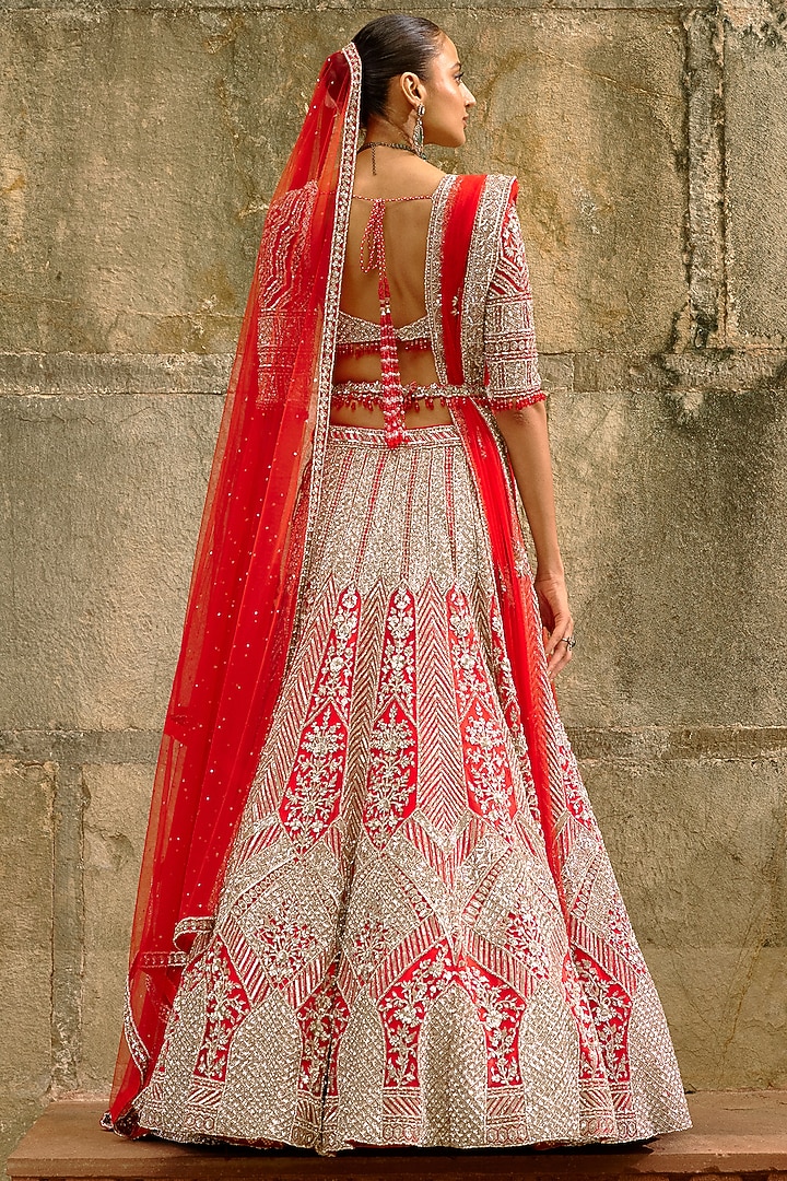 Red Net Hand Embroidered Bridal Lehenga Set by NITIKA GUJRAL at Pernia's Pop Up Shop