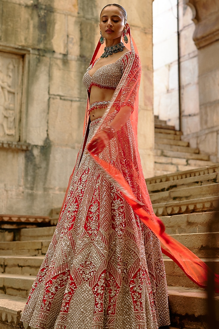 Red Net Hand Embroidered Bridal Lehenga Set by NITIKA GUJRAL at Pernia's Pop Up Shop