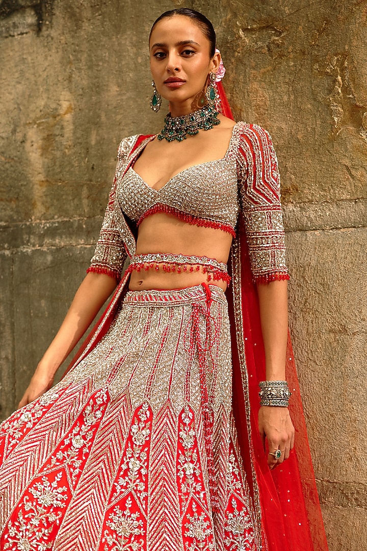 Red Net Hand Embroidered Bridal Lehenga Set by NITIKA GUJRAL at Pernia's Pop Up Shop