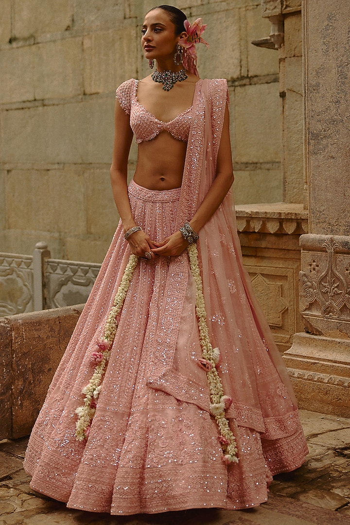 Pink Net Thread Work Bridal Lehenga Set by NITIKA GUJRAL at Pernia's Pop Up Shop