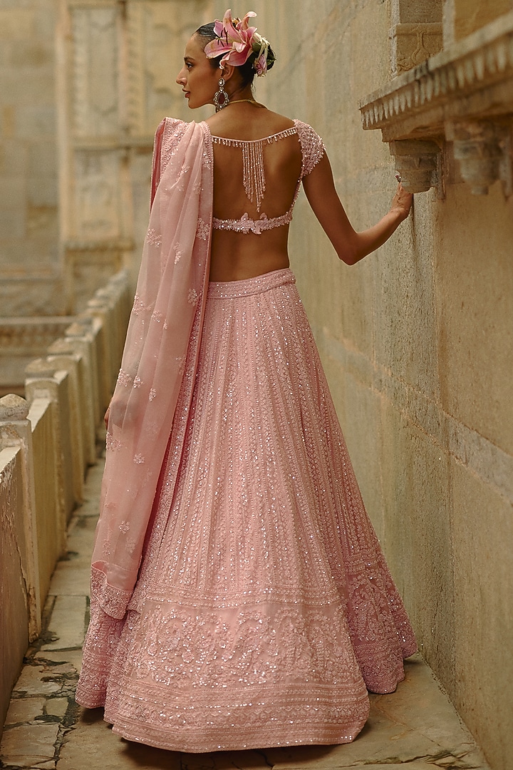 Pink Net Thread Work Bridal Lehenga Set by NITIKA GUJRAL at Pernia's Pop Up Shop