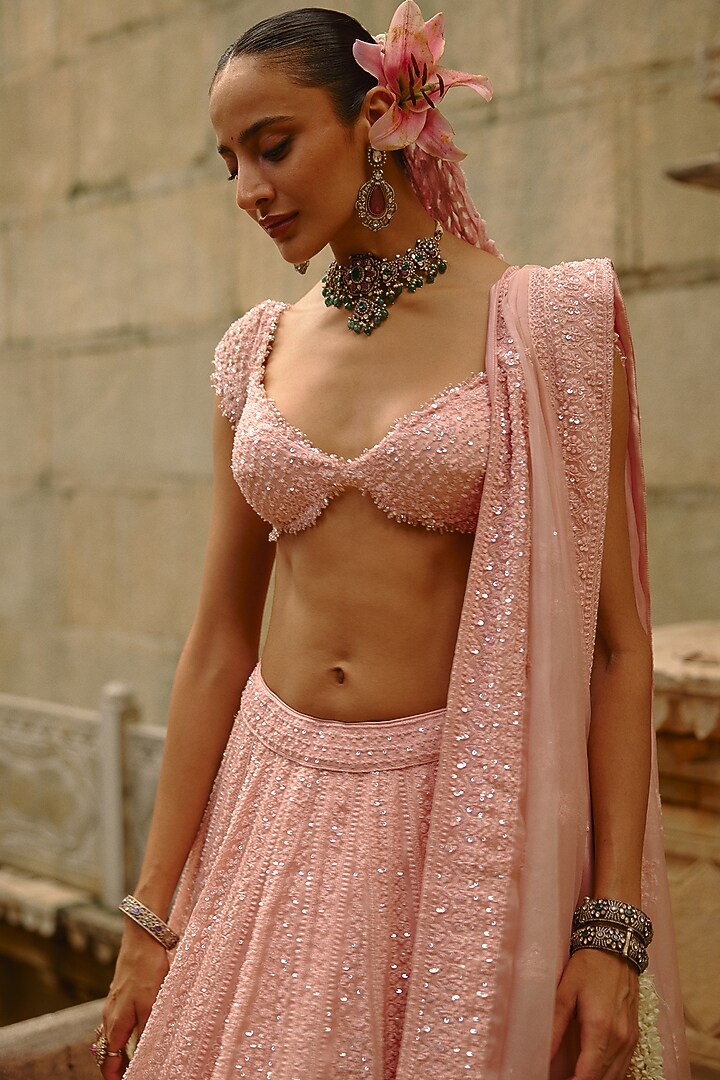 Pink Net Thread Work Bridal Lehenga Set by NITIKA GUJRAL at Pernia's Pop Up Shop