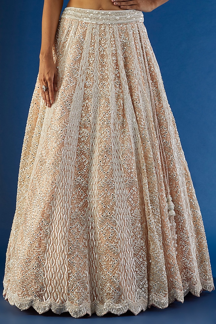 Peach Tulle Sequins Embroidered Bridal Lehenga Set by NITIKA GUJRAL at Pernia's Pop Up Shop