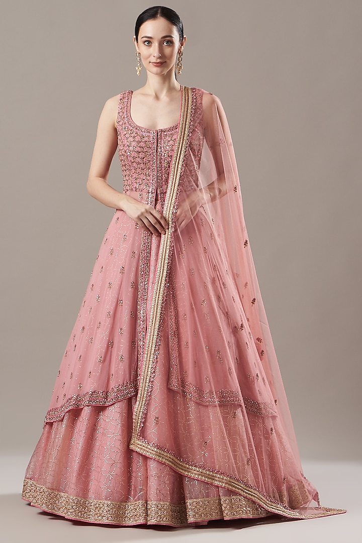 Blush Pink Georgette Jacket Wedding Lehenga Set by NITIKA GUJRAL at Pernia's Pop Up Shop