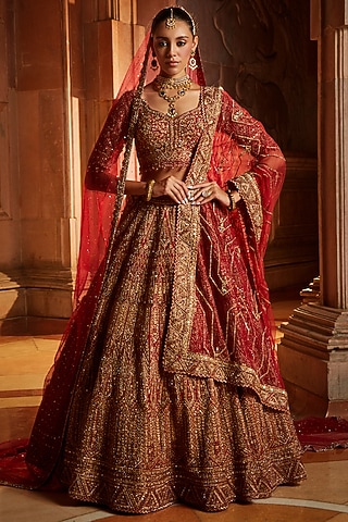 Deep Red Raw Silk Dabka Embroidered Bridal Lehenga Set by NITIKA GUJRAL