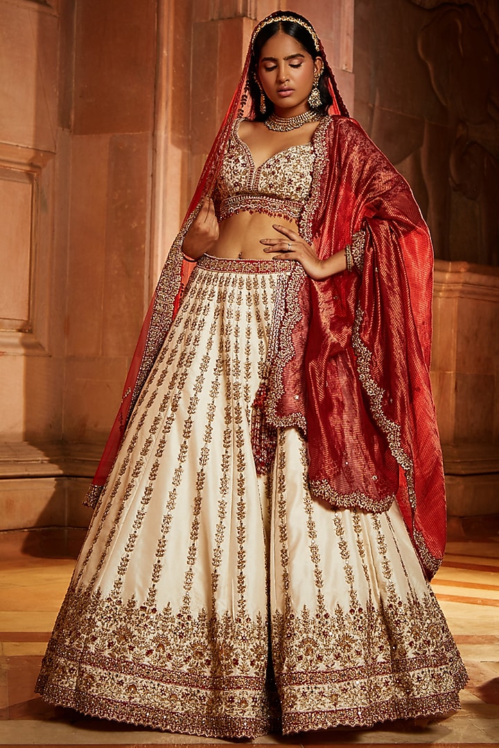 Ivory Taffeta Embroidered Bridal Bridal Lehenga Set by NITIKA GUJRAL at Pernia's Pop Up Shop