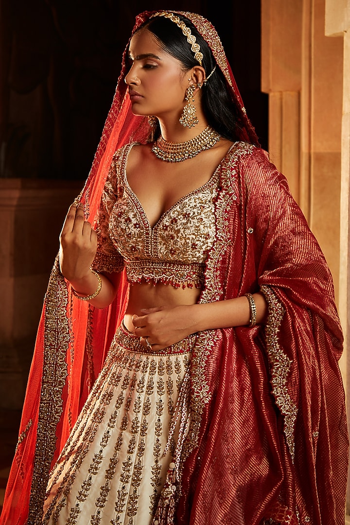 Ivory Taffeta Embroidered Bridal Bridal Lehenga Set by NITIKA GUJRAL at Pernia's Pop Up Shop