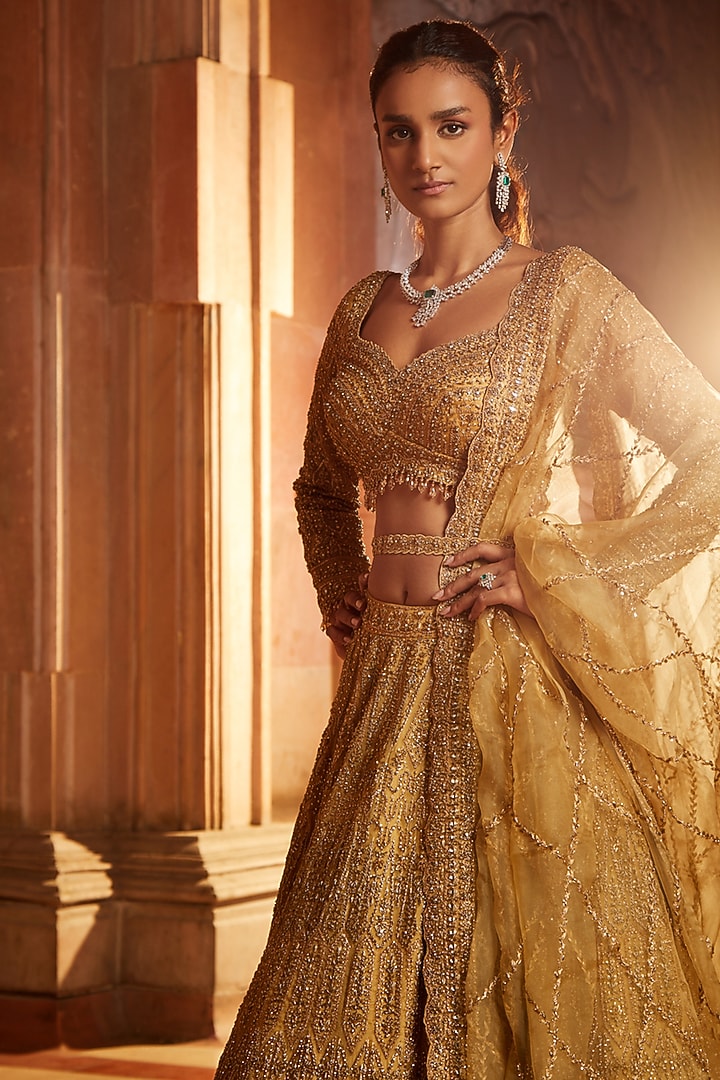 Gold Organza Embroidered Bridal Lehenga Set by NITIKA GUJRAL at Pernia's Pop Up Shop