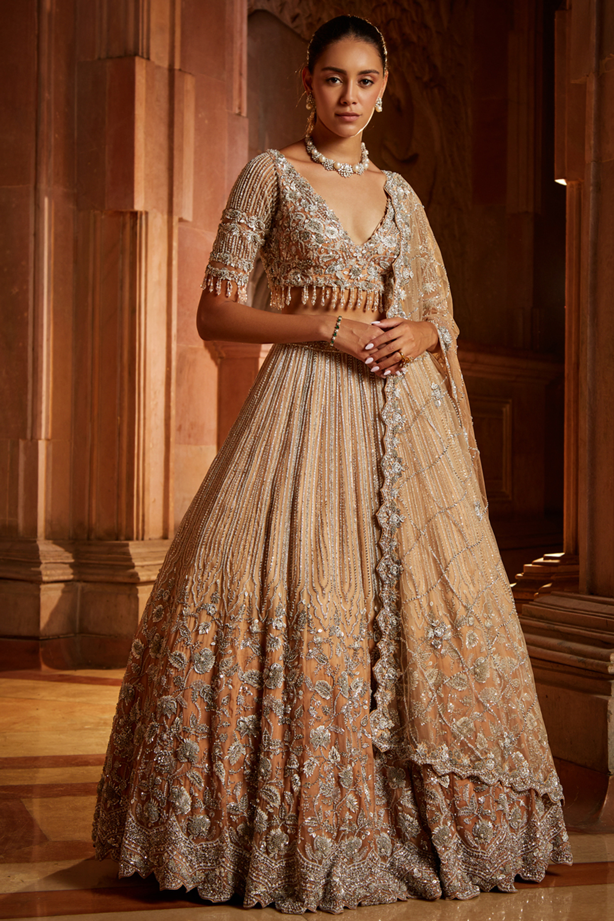 Mushroom Organza Ombre-Dyed Zardosi Embroidered Bridal Lehenga Set by NITIKA GUJRAL at Pernia's Pop Up Shop