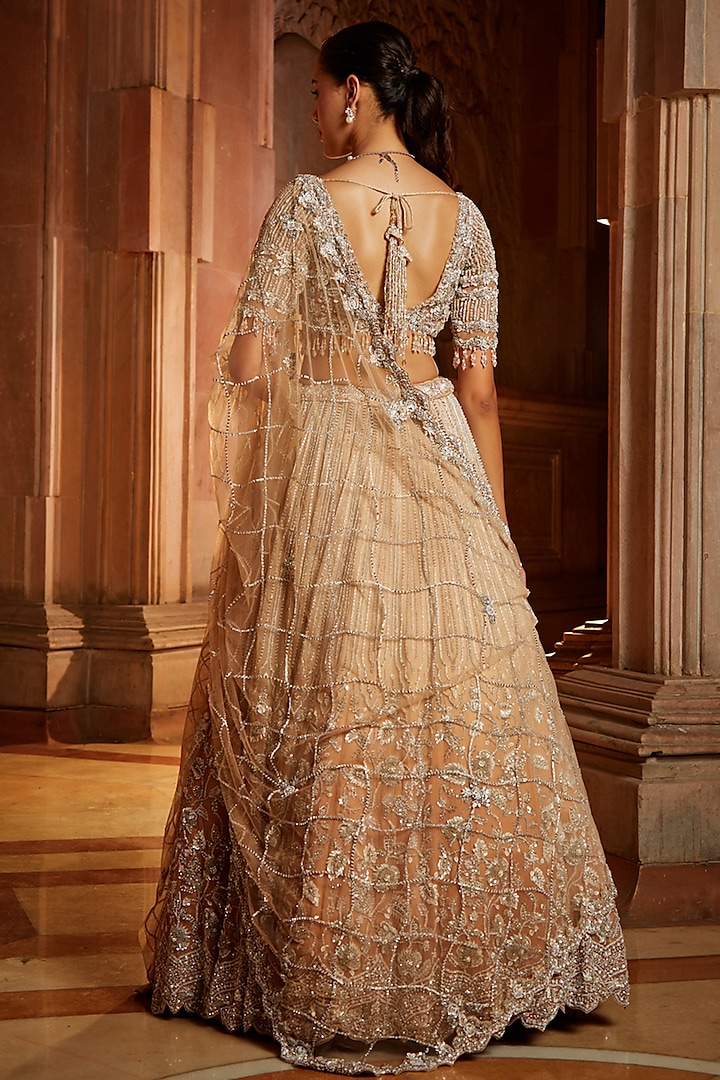 Mushroom Organza Ombre-Dyed Zardosi Embroidered Bridal Lehenga Set by NITIKA GUJRAL at Pernia's Pop Up Shop
