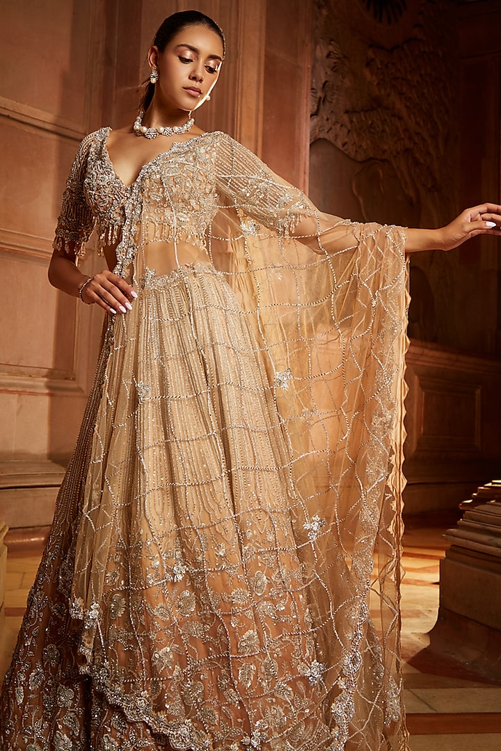 Mushroom Organza Ombre-Dyed Zardosi Embroidered Bridal Lehenga Set by NITIKA GUJRAL at Pernia's Pop Up Shop