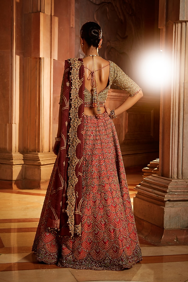Rust Taffeta Embroidered Bridal Lehenga Set by NITIKA GUJRAL at Pernia's Pop Up Shop