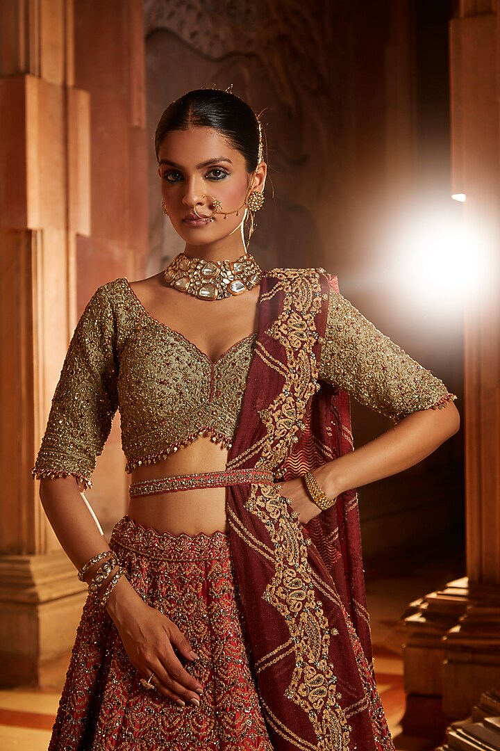 Rust Taffeta Embroidered Bridal Lehenga Set by NITIKA GUJRAL at Pernia's Pop Up Shop