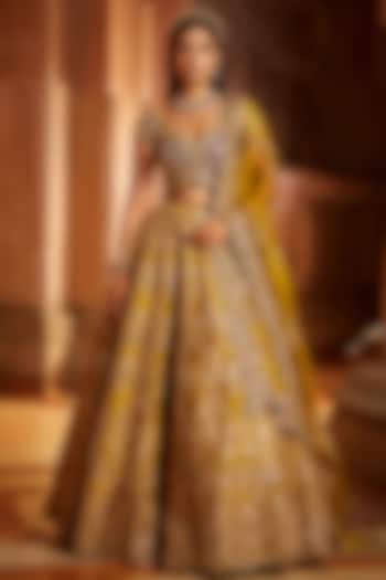 Mustard Taffeta Zardosi Embroidered Bridal Lehenga Set by NITIKA GUJRAL at Pernia's Pop Up Shop