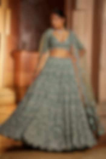 Sage Green Tulle Sequins Embroidered Bridal Lehenga Set by NITIKA GUJRAL at Pernia's Pop Up Shop