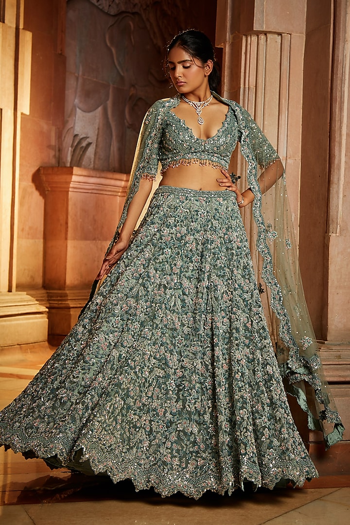 Sage Green Tulle Sequins Embroidered Bridal Lehenga Set by NITIKA GUJRAL at Pernia's Pop Up Shop