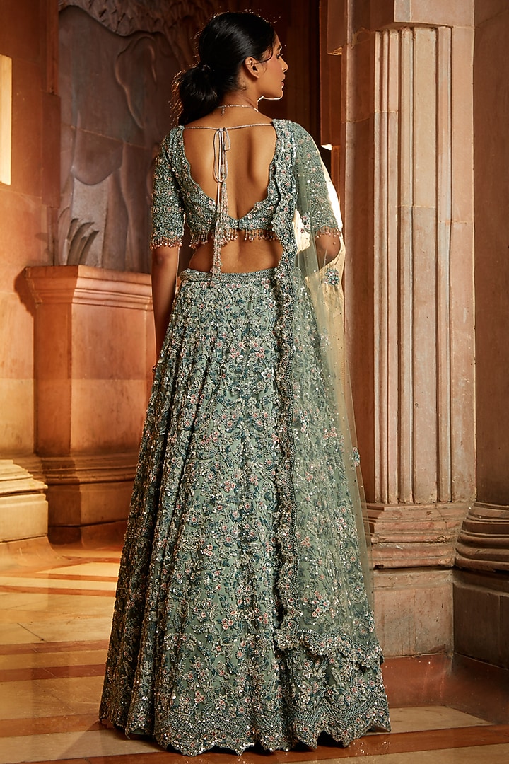 Sage Green Tulle Sequins Embroidered Bridal Lehenga Set by NITIKA GUJRAL at Pernia's Pop Up Shop