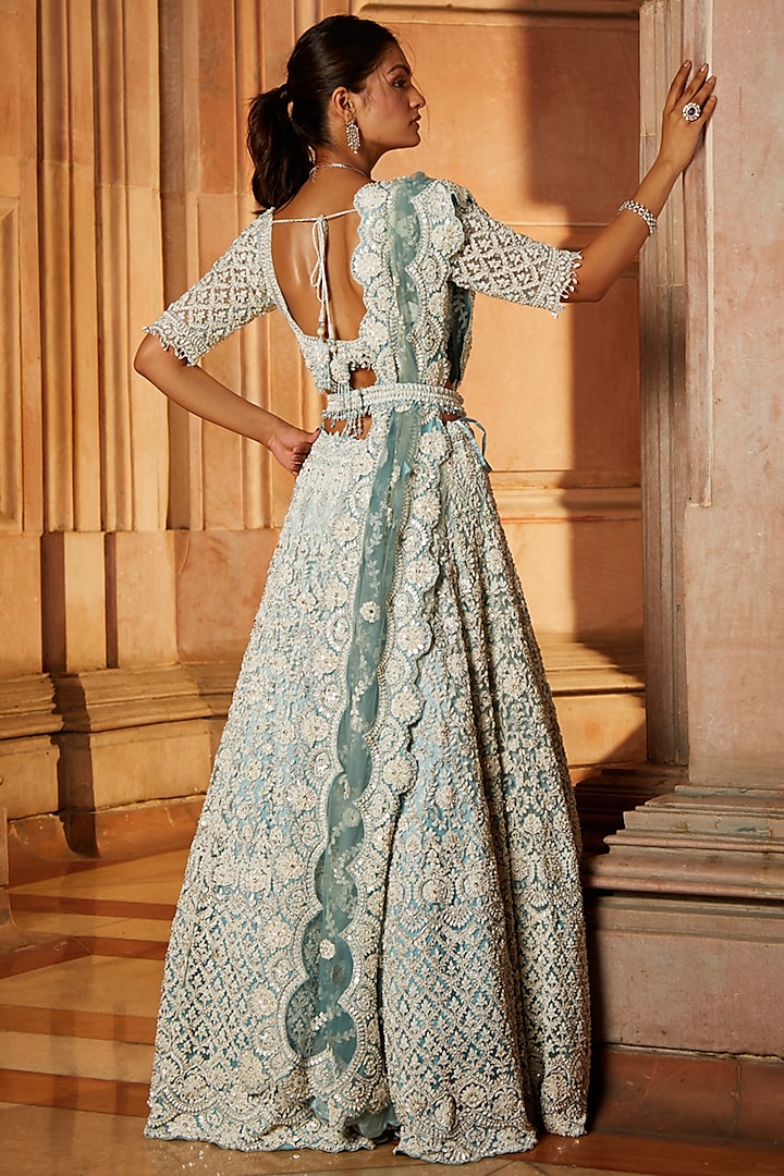 Aqua Ombre Tulle Dori Embroidered Bridal Lehenga Set by NITIKA GUJRAL at Pernia's Pop Up Shop