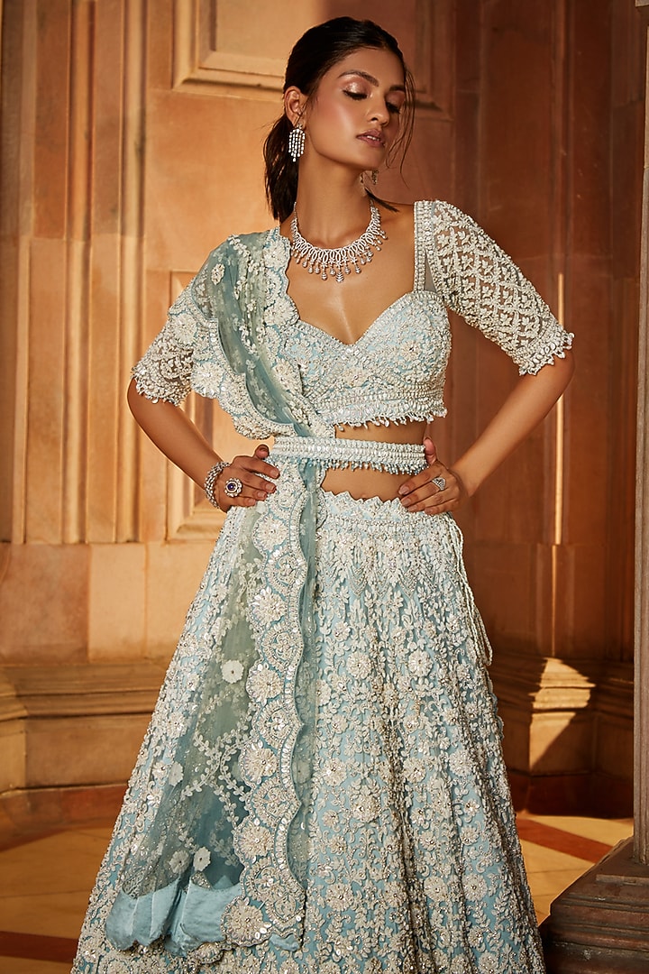 Aqua Ombre Tulle Dori Embroidered Bridal Lehenga Set by NITIKA GUJRAL at Pernia's Pop Up Shop