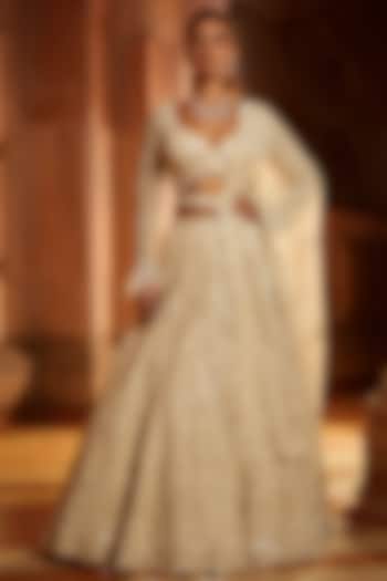 Cream Tulle Thread Embroidered Bridal Lehenga Set by NITIKA GUJRAL at Pernia's Pop Up Shop