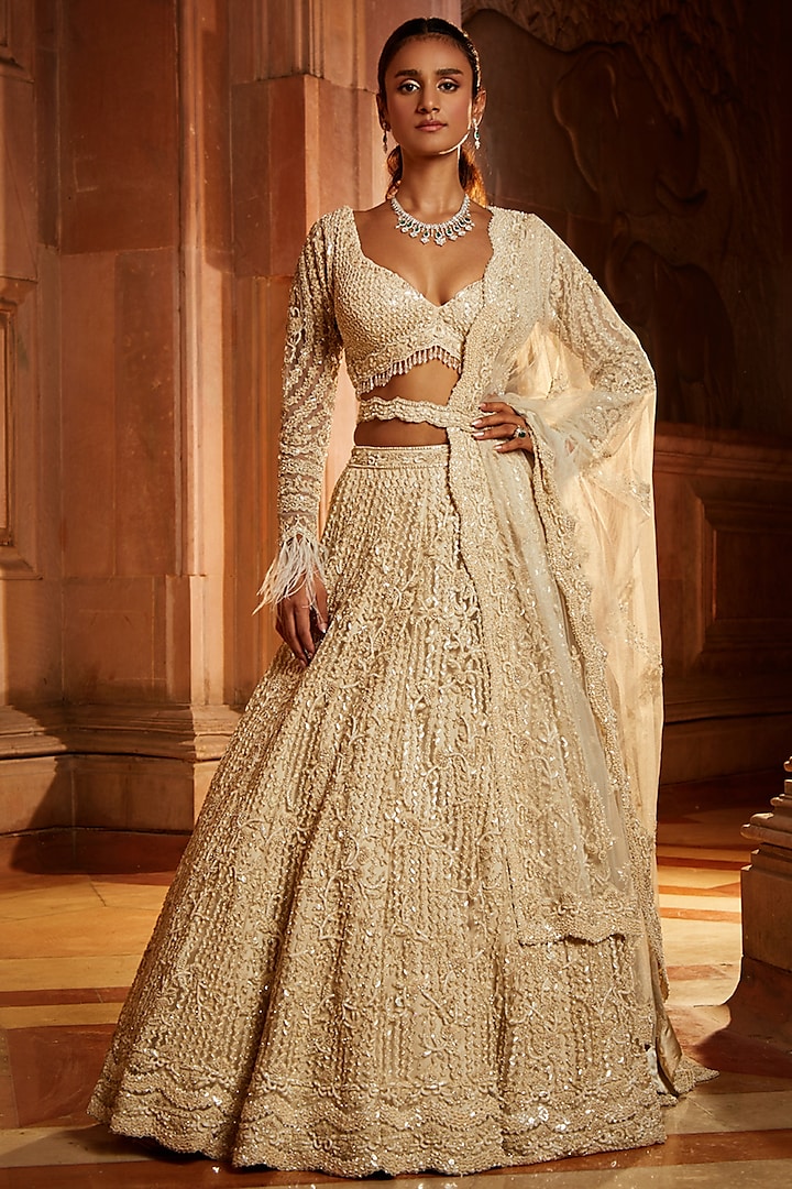 Cream Tulle Thread Embroidered Bridal Lehenga Set by NITIKA GUJRAL at Pernia's Pop Up Shop