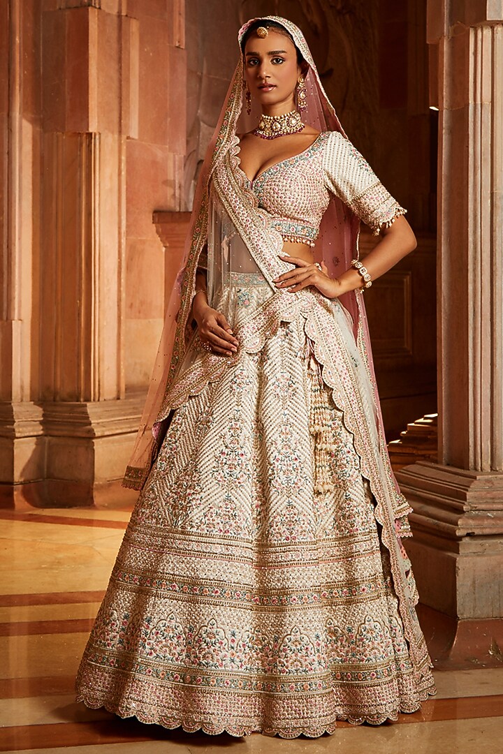 Ivory Taffeta Tonal Embroidered Bridal Bridal Lehenga Set by NITIKA GUJRAL at Pernia's Pop Up Shop