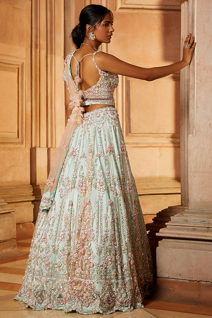 Sage Green Tulle Embroidered Bridal Lehenga Set by NITIKA GUJRAL at Pernia's Pop Up Shop