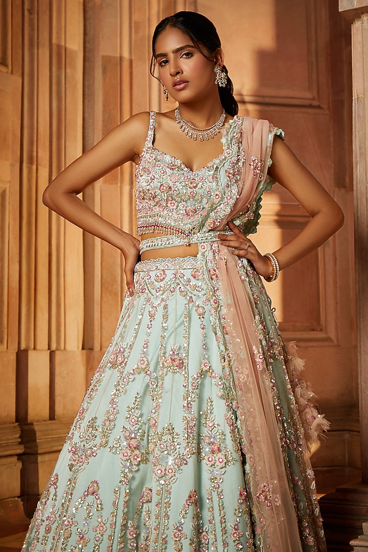 Sage Green Tulle Embroidered Bridal Lehenga Set by NITIKA GUJRAL at Pernia's Pop Up Shop