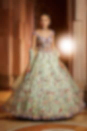 Mint Green Tulle Sequins Embroidered Bridal Lehenga Set by NITIKA GUJRAL at Pernia's Pop Up Shop