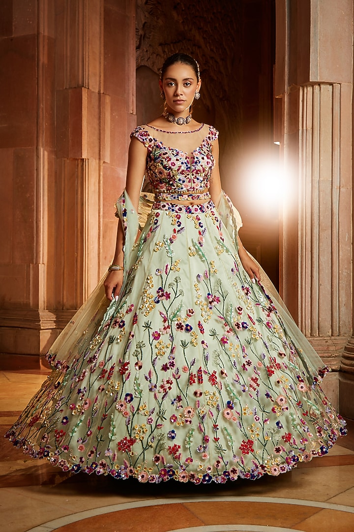 Mint Green Tulle Sequins Embroidered Bridal Lehenga Set by NITIKA GUJRAL at Pernia's Pop Up Shop