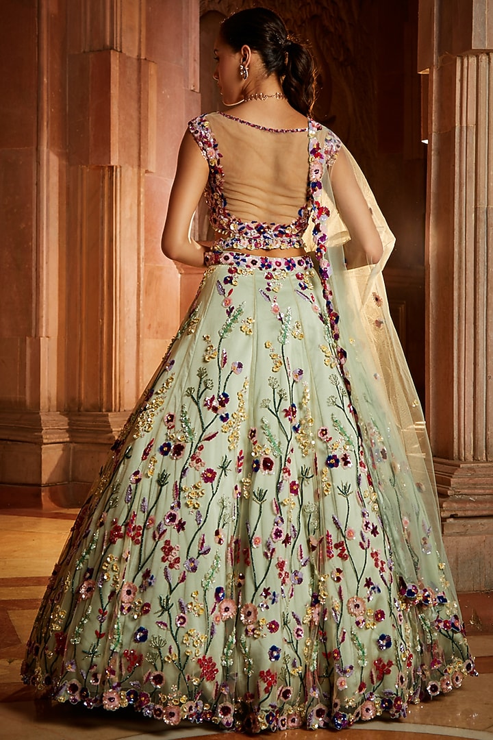 Mint Green Tulle Sequins Embroidered Bridal Lehenga Set by NITIKA GUJRAL at Pernia's Pop Up Shop