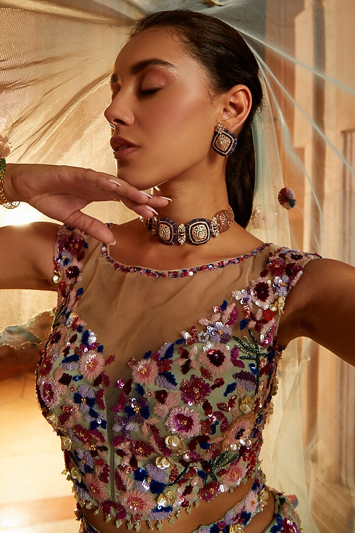Mint Green Tulle Sequins Embroidered Bridal Lehenga Set by NITIKA GUJRAL at Pernia's Pop Up Shop