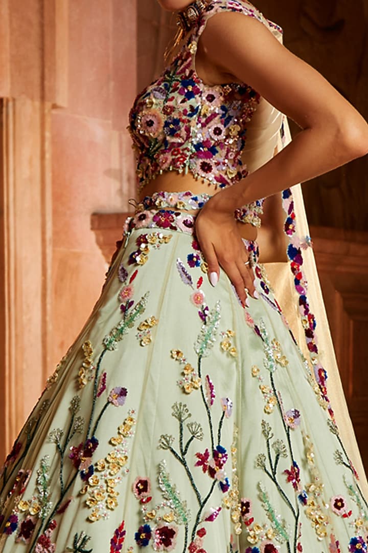 Mint Green Tulle Sequins Embroidered Bridal Lehenga Set by NITIKA GUJRAL at Pernia's Pop Up Shop