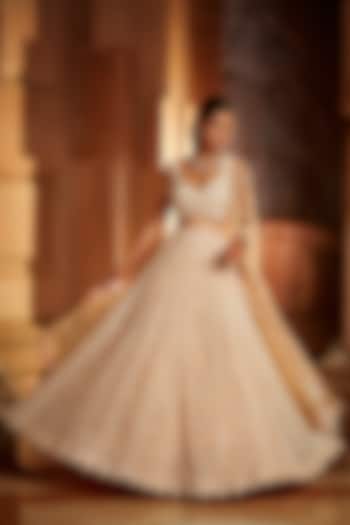 Nude Pink Tulle Sequins Embroidered Bridal Lehenga Set by NITIKA GUJRAL at Pernia's Pop Up Shop