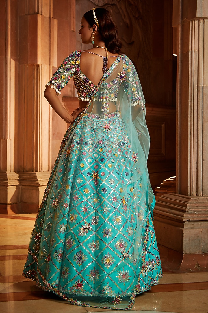 Aqua Taffeta Resham Embroidered Bridal Lehenga Set by NITIKA GUJRAL at Pernia's Pop Up Shop