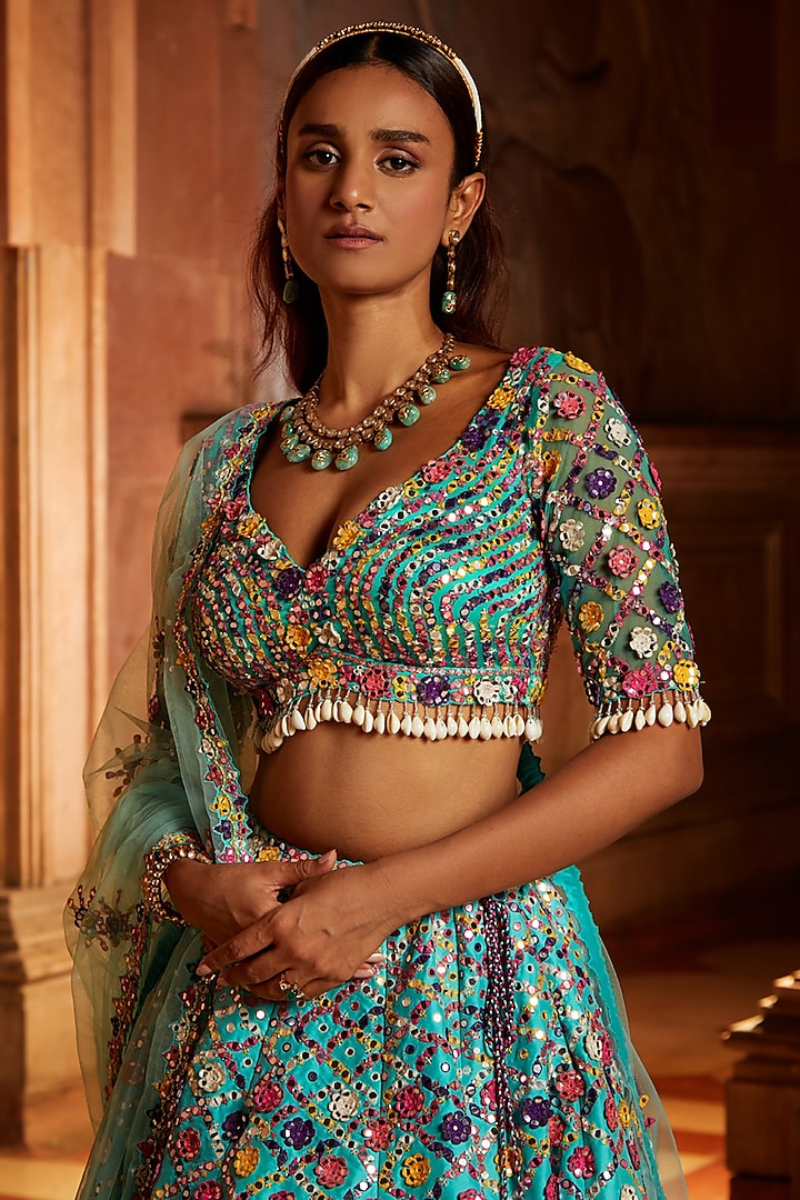 Aqua Taffeta Resham Embroidered Bridal Lehenga Set by NITIKA GUJRAL at Pernia's Pop Up Shop