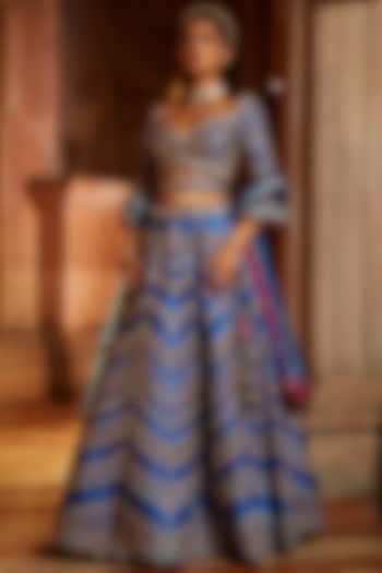 Peacock Blue Taffeta Gota Embroidered Bridal Lehenga Set by NITIKA GUJRAL at Pernia's Pop Up Shop