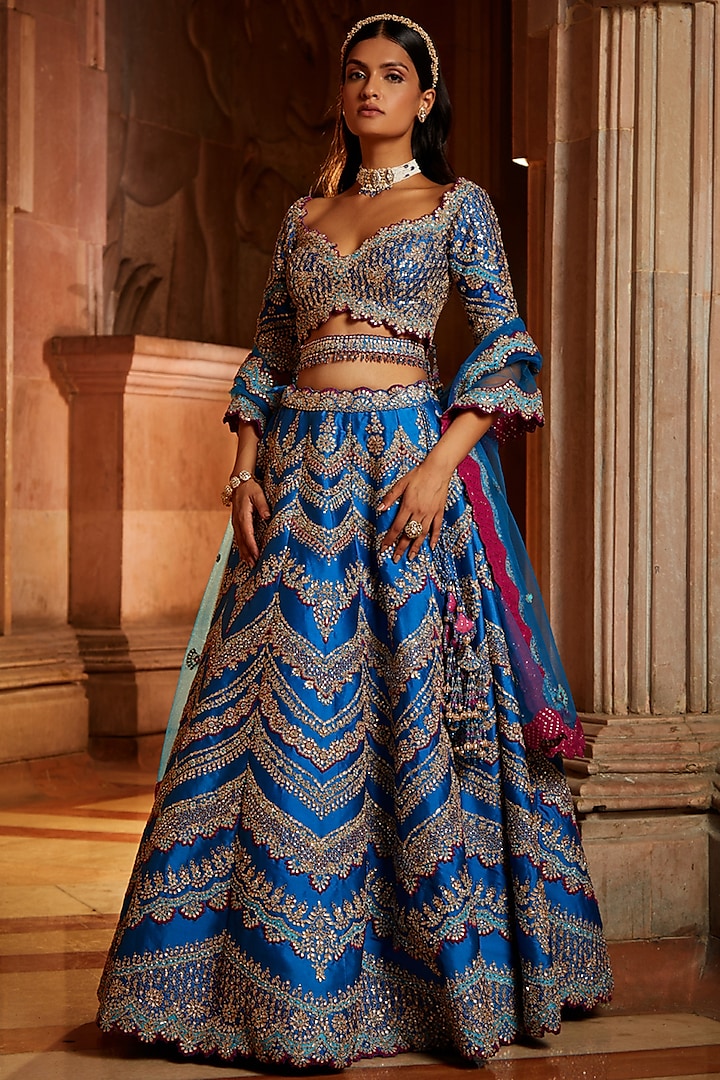 Peacock Blue Taffeta Gota Embroidered Bridal Lehenga Set by NITIKA GUJRAL at Pernia's Pop Up Shop