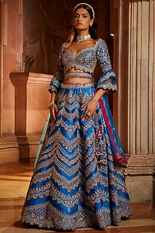 Peacock Blue Taffeta Gota Embroidered Lehenga Set by NITIKA GUJRAL