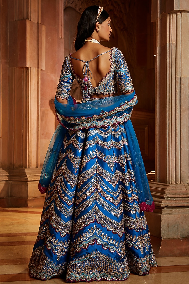 Peacock Blue Taffeta Gota Embroidered Bridal Lehenga Set by NITIKA GUJRAL at Pernia's Pop Up Shop