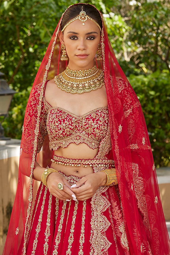 Cardinal Red Raw Silk Zari Embroidered Bridal Lehenga Set by NITIKA GUJRAL at Pernia's Pop Up Shop