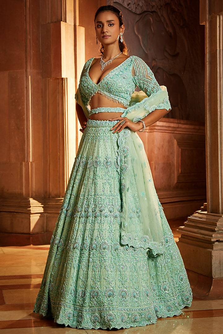 Mint Green Tulle Sequins Bridal Lehenga Set by NITIKA GUJRAL at Pernia's Pop Up Shop