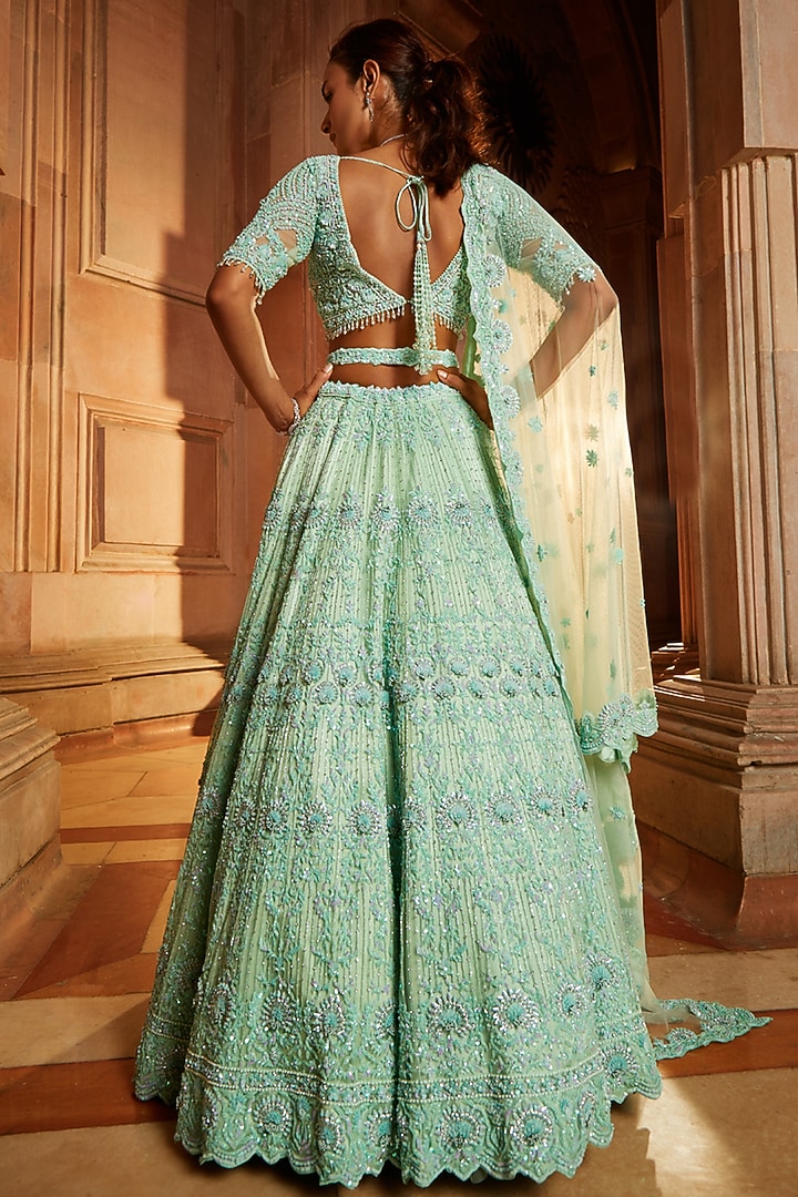 Mint Green Tulle Sequins Bridal Lehenga Set by NITIKA GUJRAL at Pernia's Pop Up Shop