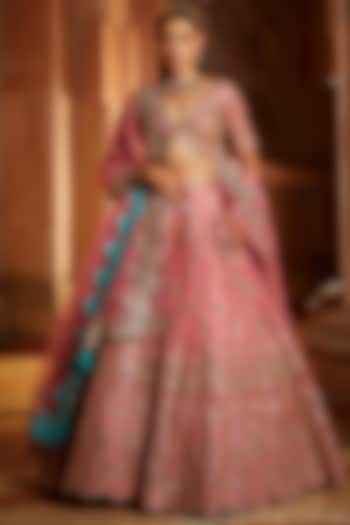 Rose Pink Organza Gota Embroidered Bridal Lehenga Set by NITIKA GUJRAL at Pernia's Pop Up Shop