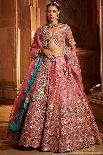 Rose Pink Organza Gota Embroidered Bridal Lehenga Set by NITIKA GUJRAL at Pernia's Pop Up Shop