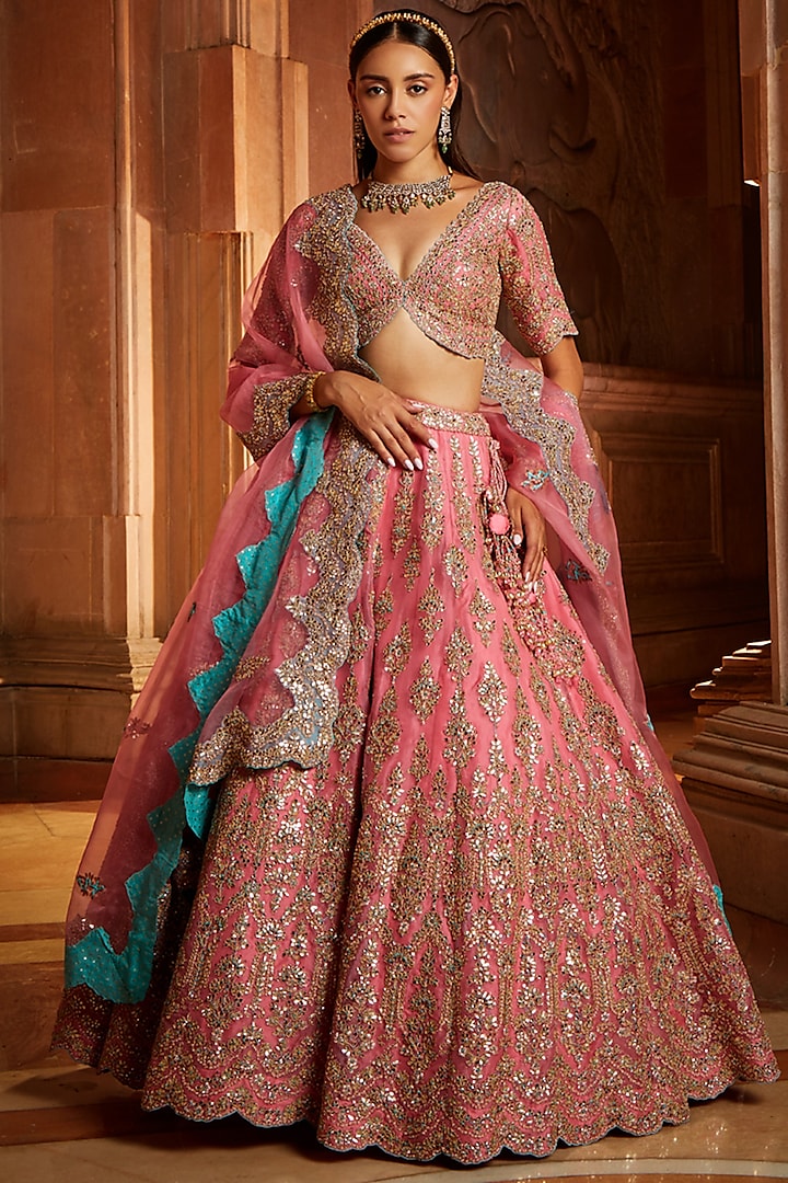 Rose Pink Organza Gota Embroidered Bridal Lehenga Set by NITIKA GUJRAL at Pernia's Pop Up Shop