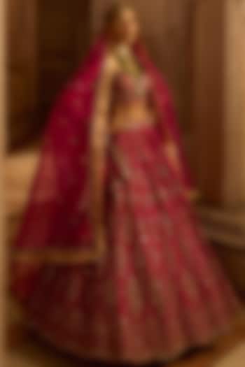 Fuchsia Red Raw Silk Zardosi Embroidered Bridal Lehenga Set by NITIKA GUJRAL at Pernia's Pop Up Shop