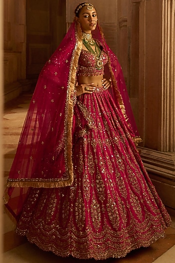 Fuchsia Red Raw Silk Zardosi Embroidered Bridal Lehenga Set by NITIKA GUJRAL at Pernia's Pop Up Shop