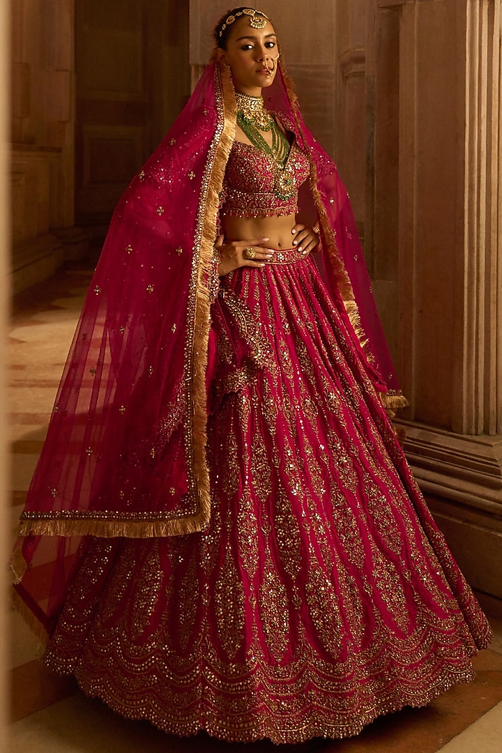 Fuchsia Red Raw Silk Zardosi Embroidered Bridal Lehenga Set by NITIKA GUJRAL at Pernia's Pop Up Shop
