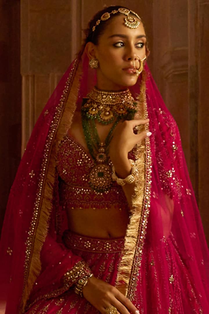 Fuchsia Red Raw Silk Zardosi Embroidered Bridal Lehenga Set by NITIKA GUJRAL at Pernia's Pop Up Shop